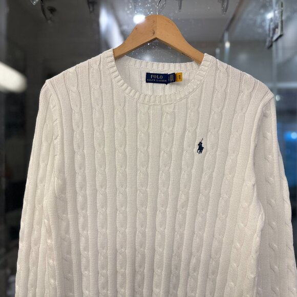(NWOT) Polo Ralph Lauren Textural Cable-Knit Cotton Crewneck Sweater (White) - Picture 10 of 16